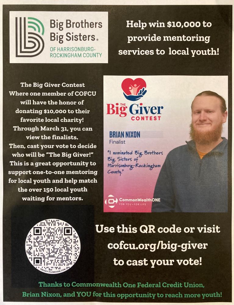 Poster with a link to vote for Big Brothers Big Sisters in the COFCU Big Givers Contest.