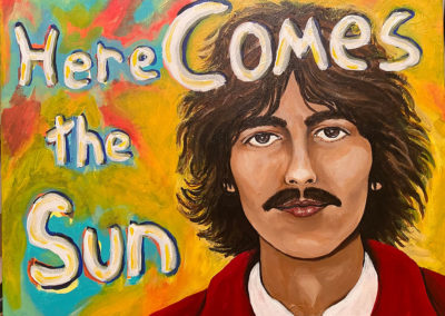 painting by artist Joey Truxell of a man with the words Here Comes the Sun overtop.