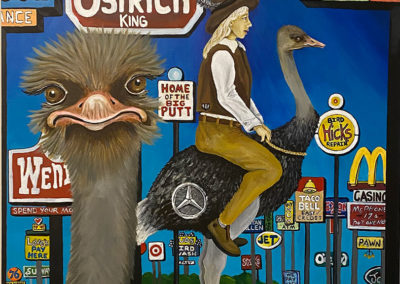 Painting of an ostrich with signs in the background by artist Joey Truxell.
