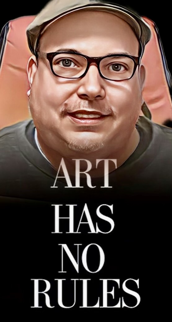 Headshot of artist Joey Truxell with graphics on top saying "ART HAS NO RULES"