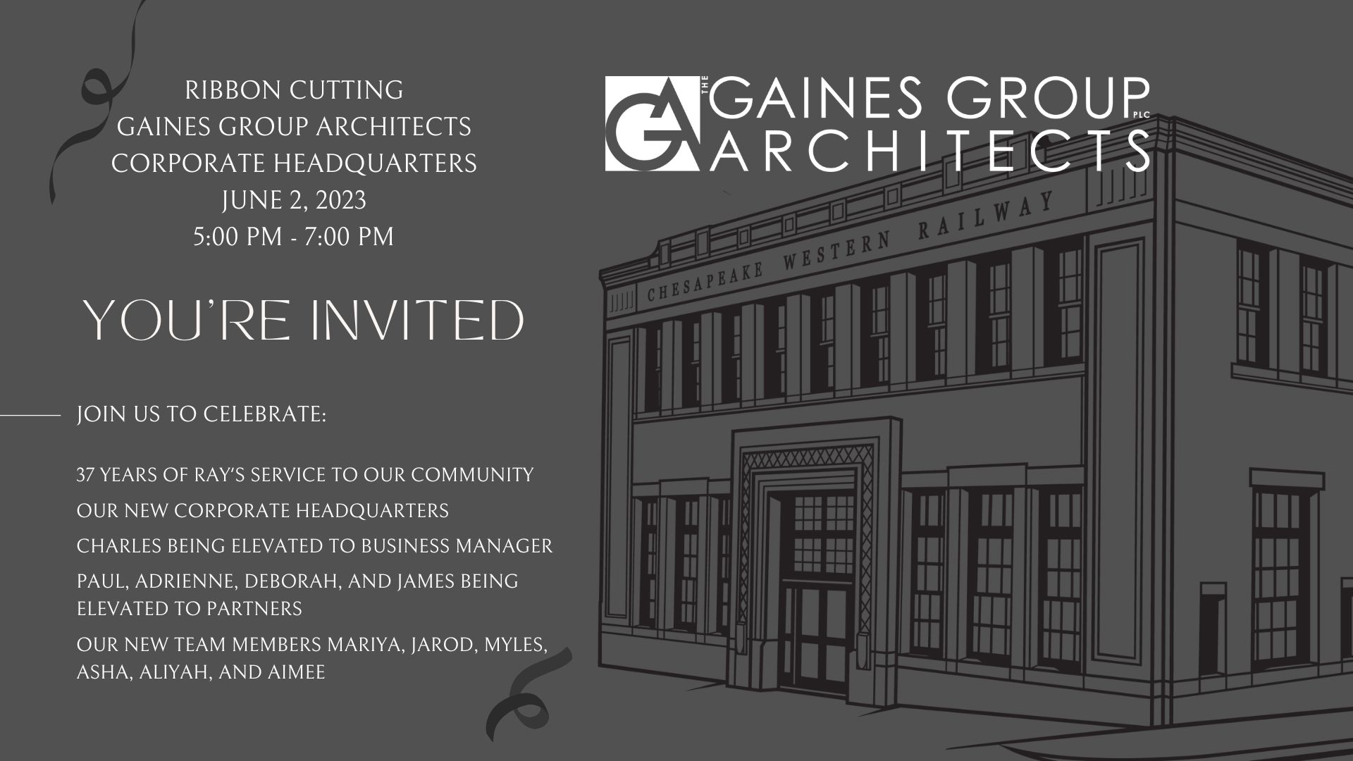 Poster inviting people to the Gaines Group Architects Corporate Headquarters Ribbon Cutting.