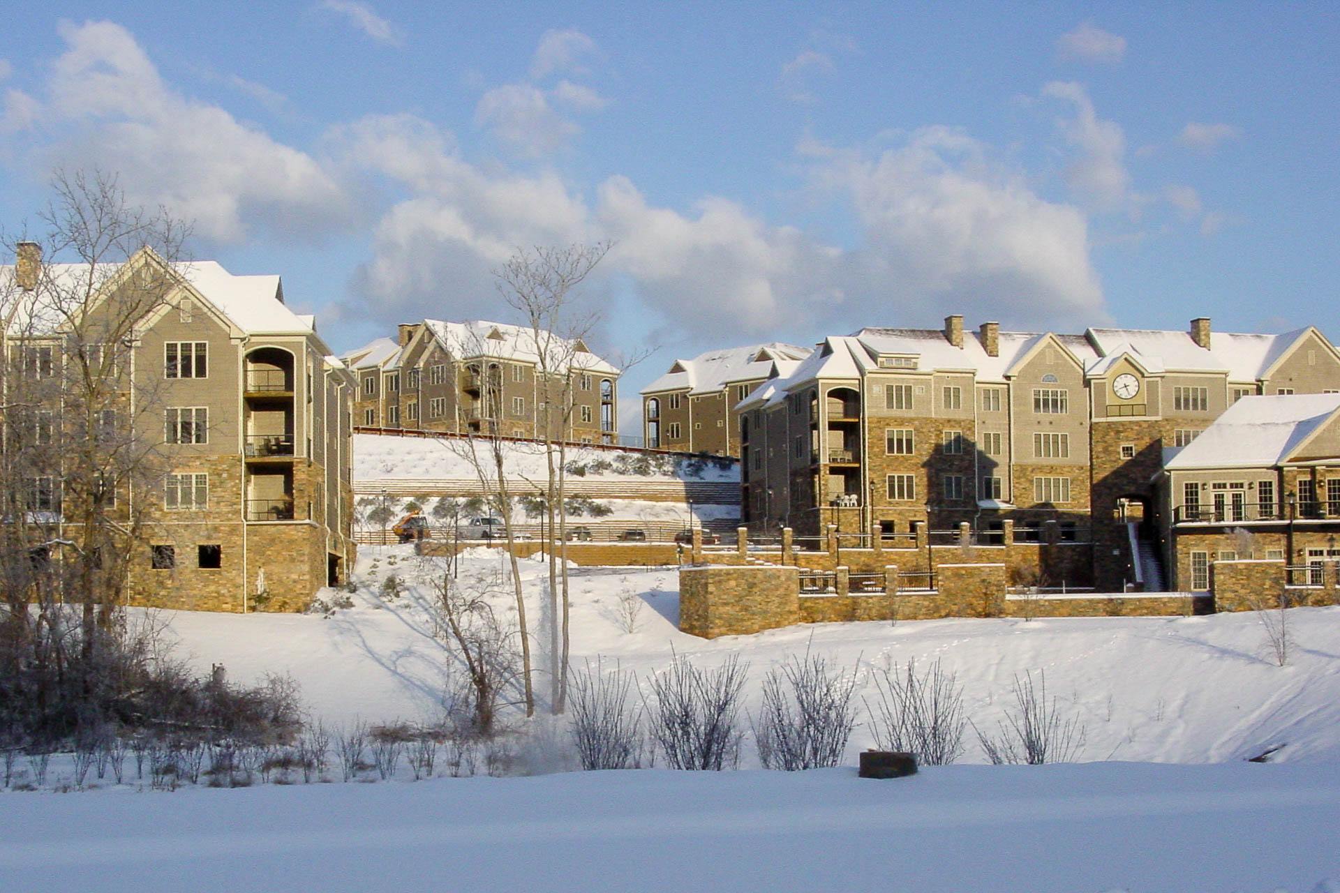 Stone Creek Village Apartments exterior in the snow