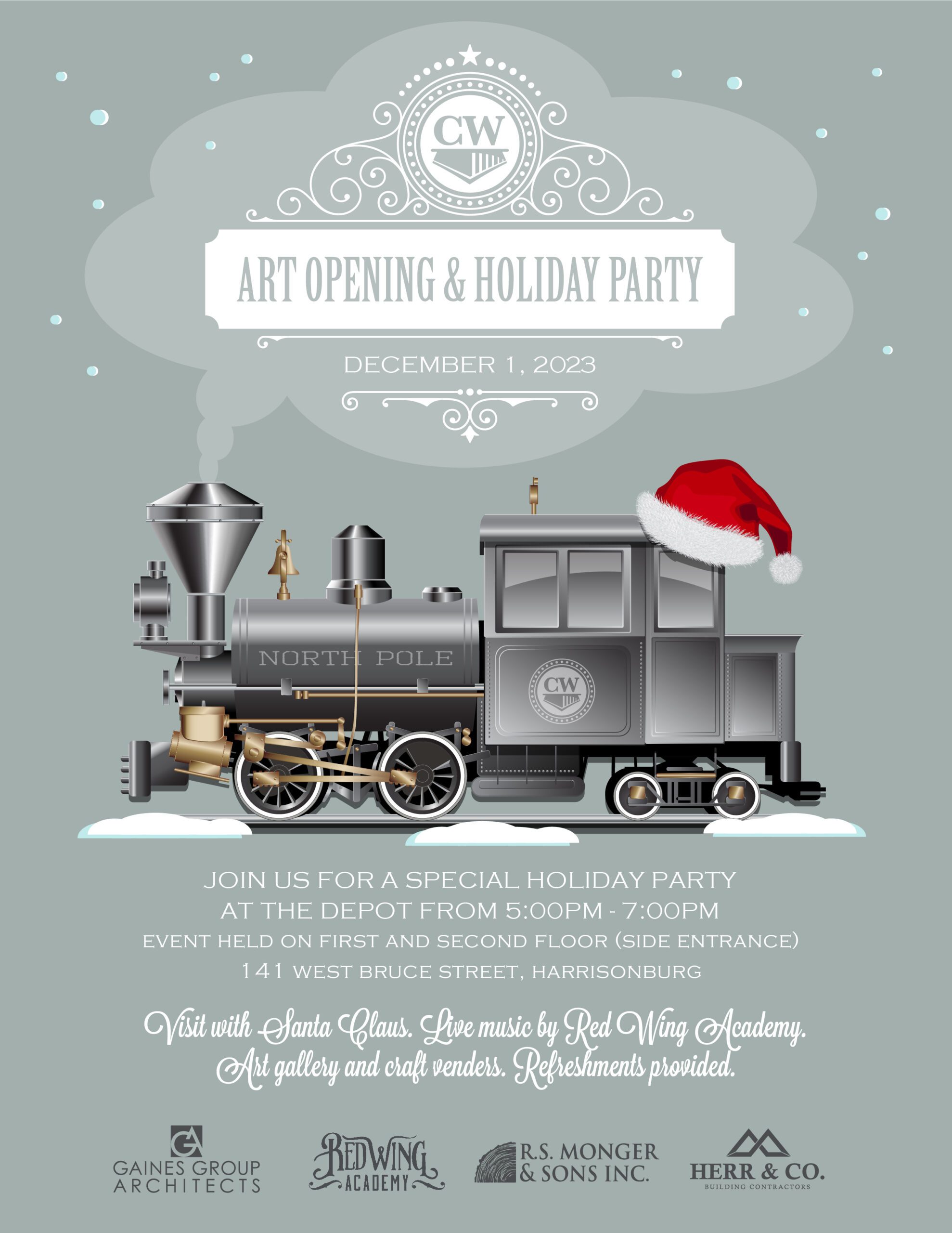 Invitation to Holiday Party and First Friday Event on December 1, 2023.