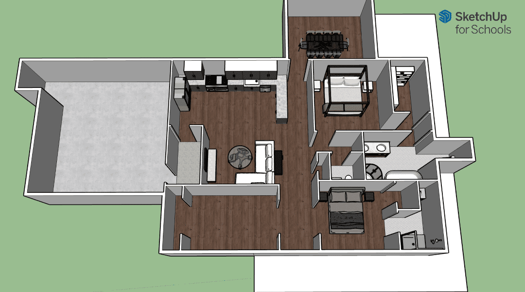 SketchUp rendering of interior layout.